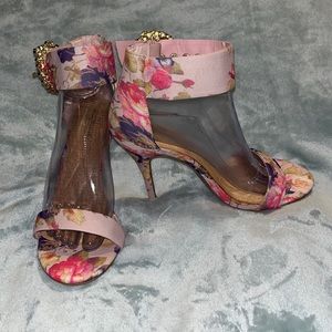 Jeweled Buckle Ankle Strap Floral Print Heel NWOT